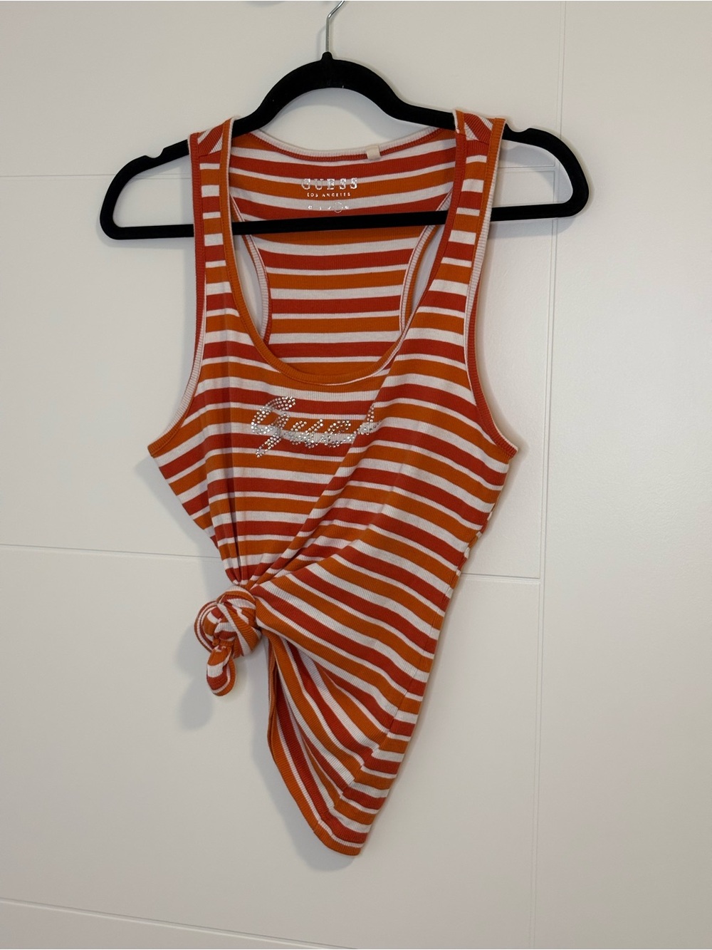 Guess Orange & White Striped Rhinestone Logo Tank Top